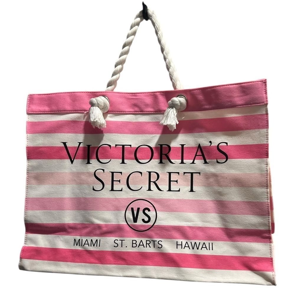 Victoria’s Secret Pink Stripe Canvas Beach Tote Bag Rope Miami St. Barts Hawaii